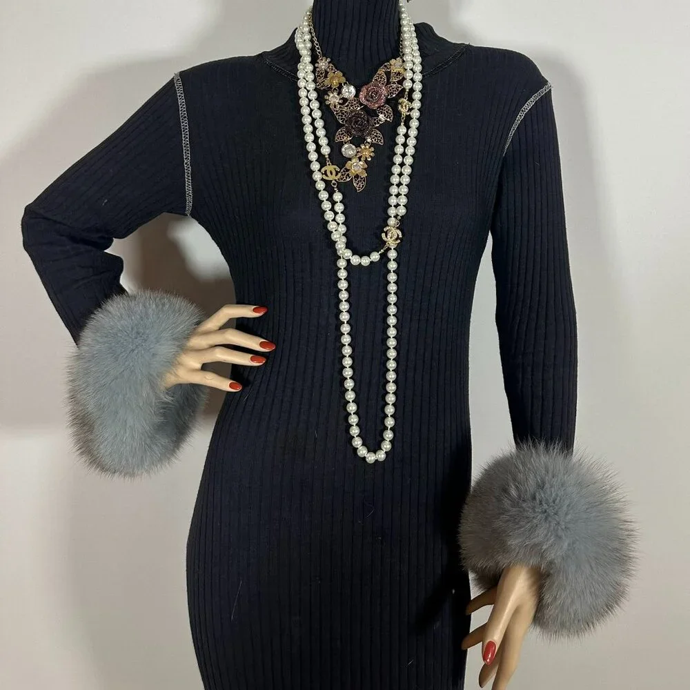 Light Blue Fox Fur Cuffs w/ Black Highlights - Picture 1 of 3